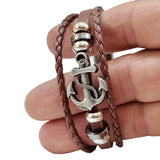 Boho Navy Style Multilayer Brown Leather Bracelet with Stainless Steel Anchor Cuff - Gift Fashion Unisex Marine Bracelet