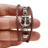 Boho Navy Style Multilayer Brown Leather Bracelet with Stainless Steel Anchor Cuff - Gift Fashion Unisex Marine Bracelet