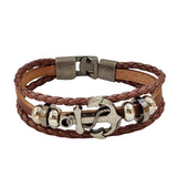 Boho Navy Style Multilayer Brown Leather Bracelet with Stainless Steel Anchor Cuff - Gift Fashion Unisex Marine Bracelet