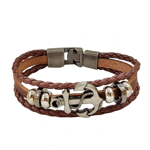 Boho Navy Style Multilayer Brown Leather Bracelet with Stainless Steel Anchor Cuff - Gift Fashion Unisex Marine Bracelet