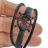 Handcrafted Mulilayer Black Braided Leather Bracelet with Black Ships Wheel Bracelet for Men - Gift Unisex Marine Fashion Jewelery