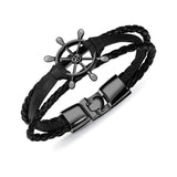 Handcrafted Mulilayer Black Braided Leather Bracelet with Black Ships Wheel Bracelet for Men - Gift Unisex Marine Fashion Jewelery