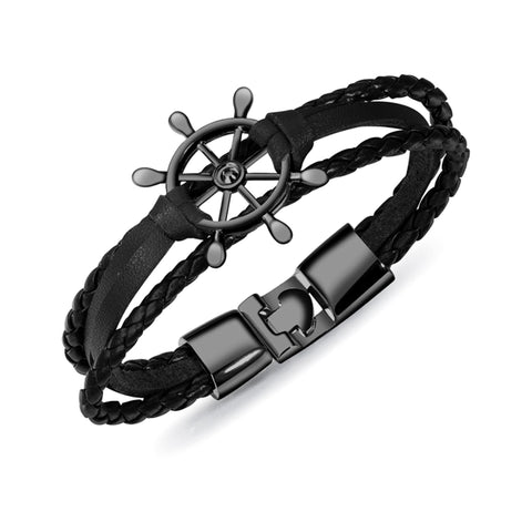 Handcrafted Mulilayer Black Braided Leather Bracelet with Black Ships Wheel Bracelet for Men - Gift Unisex Marine Fashion Jewelery