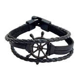 Handcrafted Mulilayer Black Braided Leather Bracelet with Black Ships Wheel Bracelet for Men - Gift Unisex Marine Fashion Jewelery