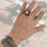 Unique Handcrafted Vegetal Brown Leather Ring with Green Agate Stone Setting-Fashion Jewelry-Size 14 Unisex Gift Fashion Jewelry Band