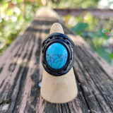 Handcrafted Boho Leather Ring with Turquoise Stone Setting - Fashion Design Ring Size 8