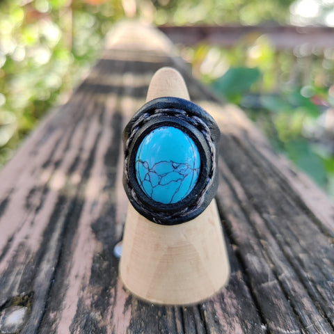 Handcrafted Boho Leather Ring with Turquoise Stone Setting - Fashion Design Ring Size 8