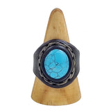 Unique Handcrafted Black Vegetal Leather Ring with Firuze Stone Setting-Unisex Gift Fashion Jewelry Design Ring with Naturel Stone Setting