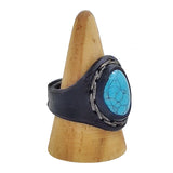 Unique Handcrafted Black Vegetal Leather Ring with Firuze Stone Setting-Unisex Gift Fashion Jewelry Design Ring with Naturel Stone Setting