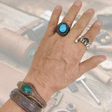 Unique Handcrafted Black Vegetal Leather Ring with Firuze Stone Setting-Unisex Gift Fashion Jewelry Design Ring with Naturel Stone Setting