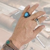 Unique Handcrafted Black Vegetal Leather Ring with Firuze Stone Setting-Unisex Gift Fashion Jewelry Design Ring with Naturel Stone Setting