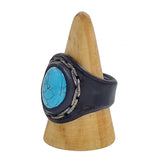 Unique Handcrafted Black Vegetal Leather Ring with Firuze Stone Setting-Unisex Gift Fashion Jewelry Design Ring with Naturel Stone Setting