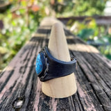 Unique Handcrafted Black Vegetal Leather Ring with Firuze Stone Setting-Unisex Gift Fashion Jewelry Design Ring with Naturel Stone Setting