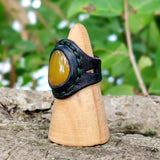 Unique Handcrafted Genuine Vegetal Black Leather Ring with Yellow Agate Stone Setting-Unisex Gift Fashion Jewelry with Naturel Stone