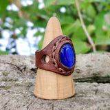 Handcrafted Genuine Vegetal Leather Ring with Blue Cat Eye Stone Setting-Size 11 Unique Unisex Gift Fashion Jewelry Band with Naturel Stone