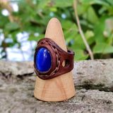 Handcrafted Genuine Vegetal Leather Ring with Blue Cat Eye Stone Setting-Size 11 Unique Unisex Gift Fashion Jewelry Band with Naturel Stone