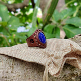 Handcrafted Genuine Vegetal Leather Ring with Blue Cat Eye Stone Setting-Size 11 Unique Unisex Gift Fashion Jewelry Band with Naturel Stone
