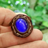 Handcrafted Genuine Vegetal Leather Ring with Blue Cat Eye Stone Setting-Size 11 Unique Unisex Gift Fashion Jewelry Band with Naturel Stone