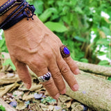 Handcrafted Genuine Vegetal Leather Ring with Blue Cat Eye Stone Setting-Size 11 Unique Unisex Gift Fashion Jewelry Band with Naturel Stone