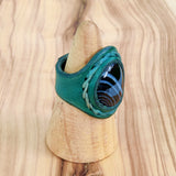 Unique Handcrafted Green Brown Leather Ring with Black Agate Stone Setting-Size 9 Unisex  Gift Fashion Jewelry Band with Naturel Stone