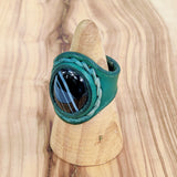 Unique Handcrafted Green Brown Leather Ring with Black Agate Stone Setting-Size 9 Unisex  Gift Fashion Jewelry Band with Naturel Stone