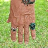 Unique Handcrafted Green Brown Leather Ring with Black Agate Stone Setting-Size 9 Unisex  Gift Fashion Jewelry Band with Naturel Stone