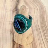 Unique Handcrafted Green Brown Leather Ring with Black Agate Stone Setting-Size 9 Unisex  Gift Fashion Jewelry Band with Naturel Stone