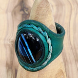 Unique Handcrafted Green Brown Leather Ring with Black Agate Stone Setting-Size 9 Unisex  Gift Fashion Jewelry Band with Naturel Stone