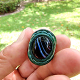 Unique Handcrafted Green Brown Leather Ring with Black Agate Stone Setting-Size 9 Unisex  Gift Fashion Jewelry Band with Naturel Stone