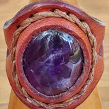 Handcrafted Genuine Vegetal Brown Leather Ring With Purple Agate Stone Setting-Unisex Gift Fashion Jewelry with Natural Stone