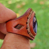 Handcrafted Genuine Vegetal Brown Leather Ring With Purple Agate Stone Setting-Unisex Gift Fashion Jewelry with Natural Stone