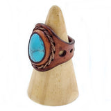 Unique Handcrafted Vegetal Brown Leather Ring with Firuze Stone Setting-Unisex Gift Fashion Jewelry Band with Naturel Stone