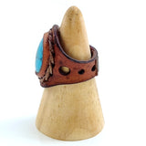 Unique Handcrafted Vegetal Brown Leather Ring with Firuze Stone Setting-Unisex Gift Fashion Jewelry Band with Naturel Stone
