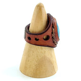 Unique Handcrafted Vegetal Brown Leather Ring with Firuze Stone Setting-Unisex Gift Fashion Jewelry Band with Naturel Stone