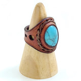 Unique Handcrafted Vegetal Brown Leather Ring with Firuze Stone Setting-Unisex Gift Fashion Jewelry Band with Naturel Stone