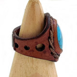 Unique Handcrafted Vegetal Brown Leather Ring with Firuze Stone Setting-Unisex Gift Fashion Jewelry Band with Naturel Stone