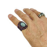 Handcrafted Vegetal Leather Ring with Gray Agate Stone Setting-Unique Unisex Gift Fashion Jewelry Band with Naturel Stone