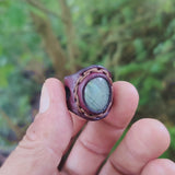 Handcrafted Vegetal Leather Ring with Gray Agate Stone Setting-Unique Unisex Gift Fashion Jewelry Band with Naturel Stone