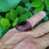 Unique Handcrafted Brown Color Vegetal Leather Ring with Black Agate Stone Setting-Lifestyle Unisex Gift Fashion Jewelry with Naturel Stone