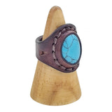 Unique Handcrafted Vegetal Leather Ring with Firuze Stone Setting-Lifestyle Unisex Gift Fashion Jewelry with Naturel Stone