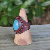 Unique Handcrafted Vegetal Leather Ring with Firuze Stone Setting-Lifestyle Unisex Gift Fashion Jewelry with Naturel Stone