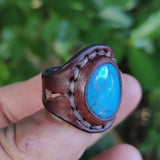 Unique Handcrafted Vegetal Leather Ring with Firuze Stone Setting-Lifestyle Unisex Gift Fashion Jewelry with Naturel Stone