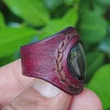 Handcrafted Vegetal Leather Ring with Gray Agate Stone Setting-Unique Unisex Gift Fashion Jewelry with Naturel Stone.