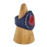 Unique Handcrafted Vegetal Leather Ring with Red Agate Stone Setting-Lifestyle Unisex Gift Fashion Jewelry with Naturel Stone