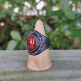 Unique Handcrafted Vegetal Leather Ring with Red Agate Stone Setting-Lifestyle Unisex Gift Fashion Jewelry with Naturel Stone