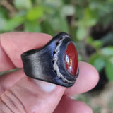 Unique Handcrafted Vegetal Leather Ring with Red Agate Stone Setting-Lifestyle Unisex Gift Fashion Jewelry with Naturel Stone
