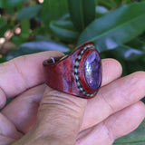 Unique Handcrafted Vegetal No 15.5 Leather Ring with Purple Agate Stone Setting-Lifestyle  Unisex Gift Fashion Jewelry with Naturel Stone
