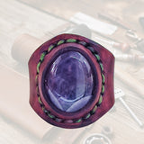 Unique Handcrafted Vegetal No 15.5 Leather Ring with Purple Agate Stone Setting-Lifestyle  Unisex Gift Fashion Jewelry with Naturel Stone