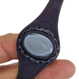 Unique Handcrafted Vegetal Black Leather Ring with Gray Agate Stone Setting-Lifestyle Unisex Gift Fashion Jewelry with Naturel Stone
