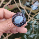 Unique Handcrafted Vegetal Black Leather Ring with Gray Agate Stone Setting-Lifestyle Unisex Gift Fashion Jewelry with Naturel Stone